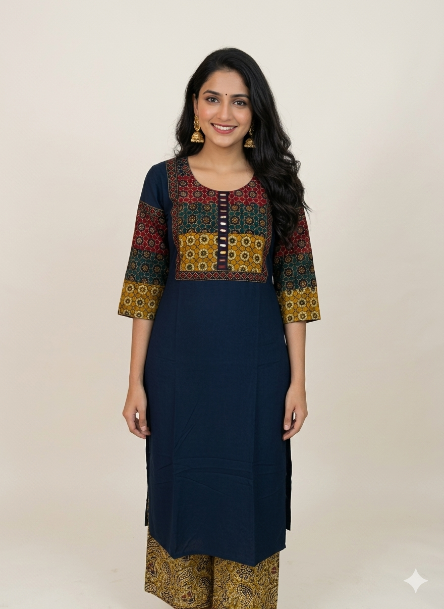 Elegant Cotton Kurthi with Beautiful Ajarak Prints, Mirror Work in Yoke & Sleeve