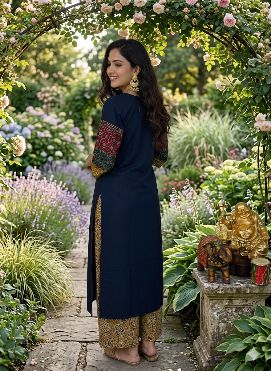 Elegant Cotton Kurthi with Beautiful Ajarak Prints, Mirror Work in Yoke & Sleeve