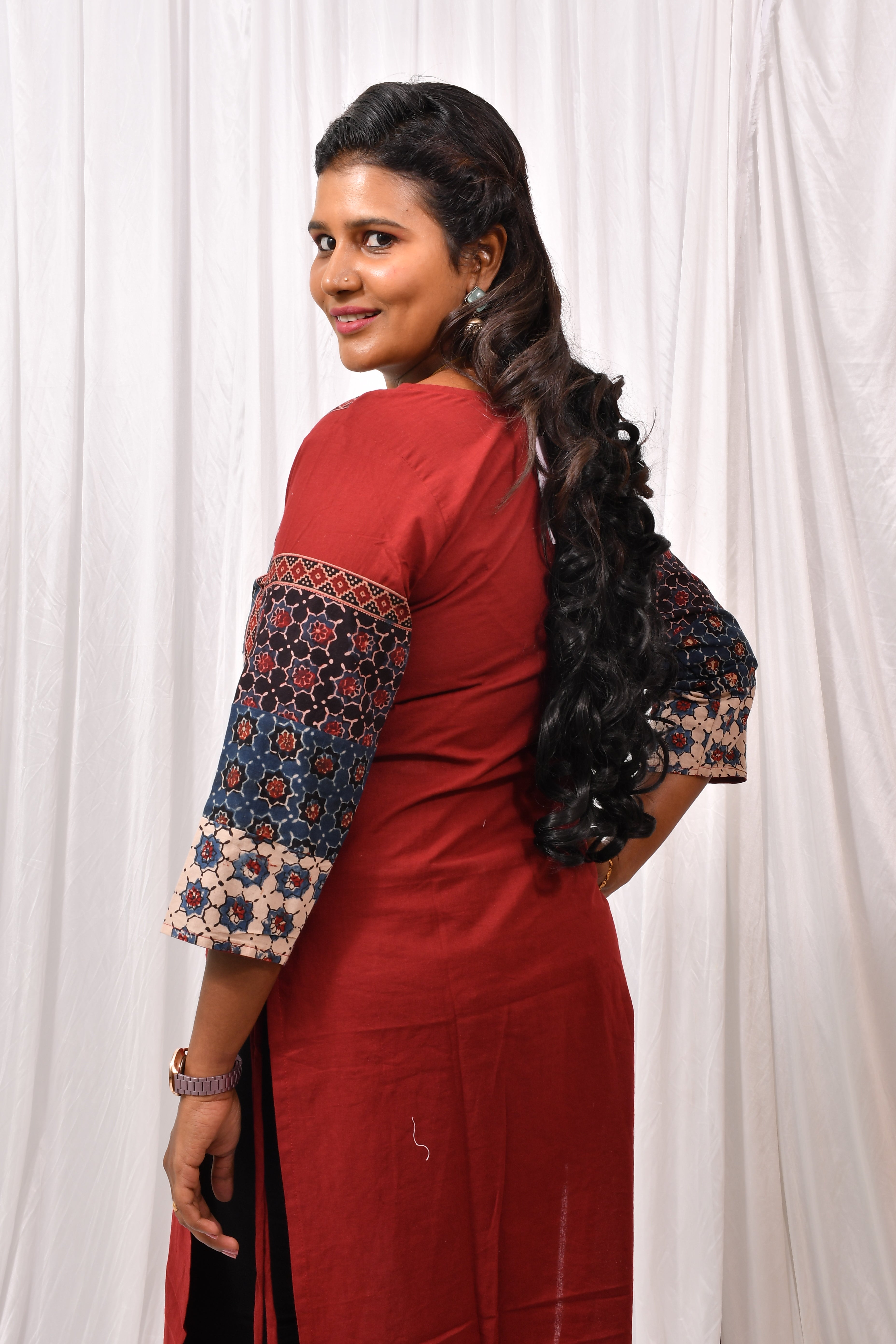 Elegant Cotton Kurthi with Beautiful Ajarak Prints, Mirror Work in Yoke & Sleeves