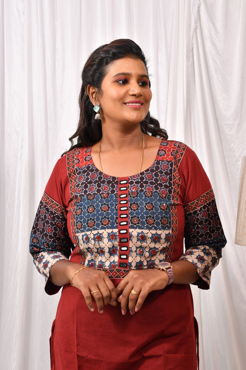 Elegant Cotton Kurthi with Beautiful Ajarak Prints, Mirror Work in Yoke & Sleeves