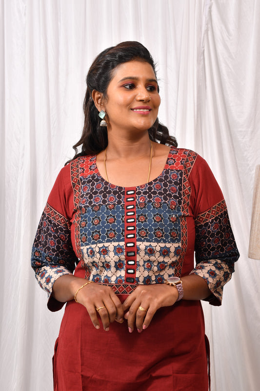 Elegant Cotton Kurthi with Beautiful Ajarak Prints, Mirror Work in Yoke & Sleeves