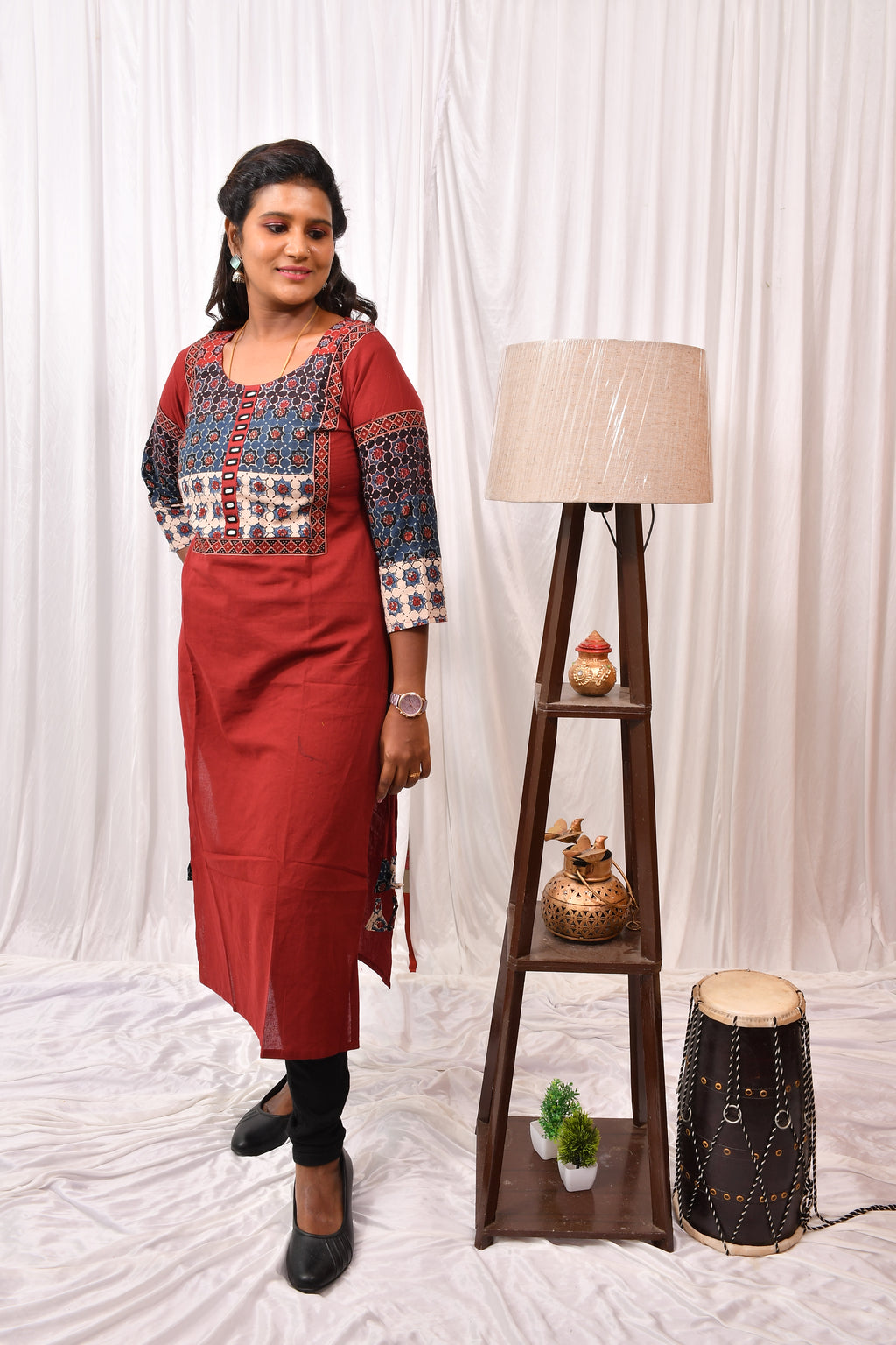 Elegant Cotton Kurthi with Beautiful Ajarak Prints, Mirror Work in Yoke & Sleeves
