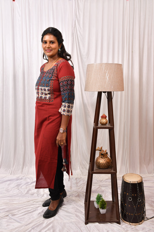 Elegant Cotton Kurthi with Beautiful Ajarak Prints, Mirror Work in Yoke & Sleeves