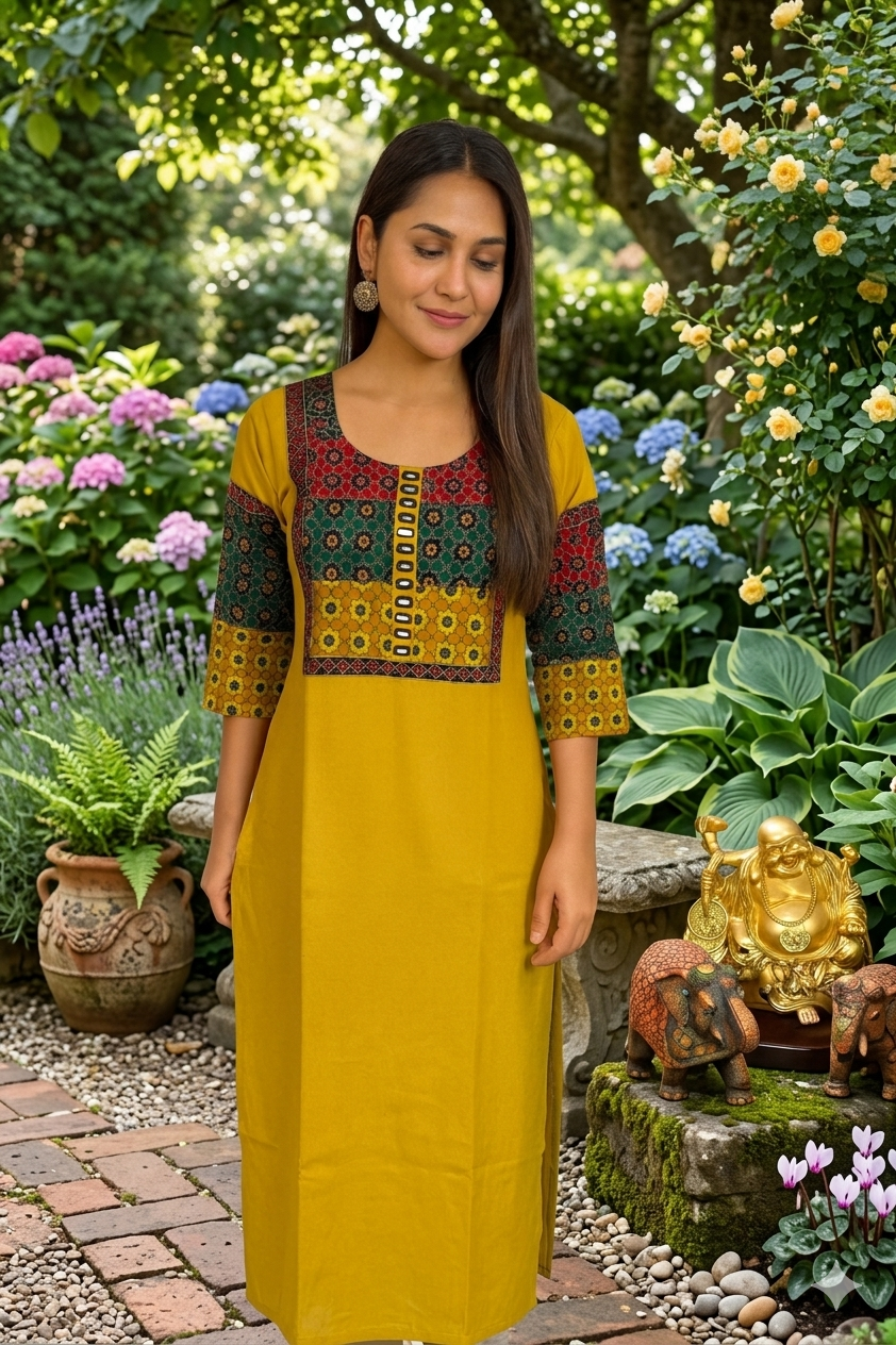 Elegant Cotton Kurthi with Beautiful Ajarak Prints, Mirror Work in Yoke & Sleeves