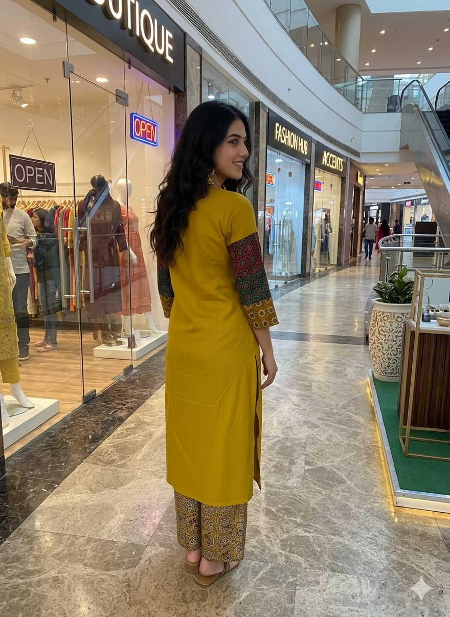 Elegant Cotton Kurthi with Beautiful Ajarak Prints, Mirror Work in Yoke & Sleeves