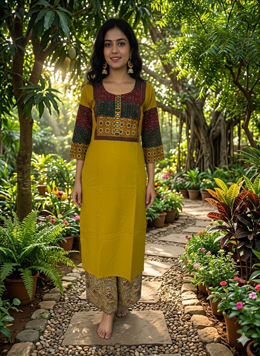 Elegant Cotton Kurthi with Beautiful Ajarak Prints, Mirror Work in Yoke & Sleeves