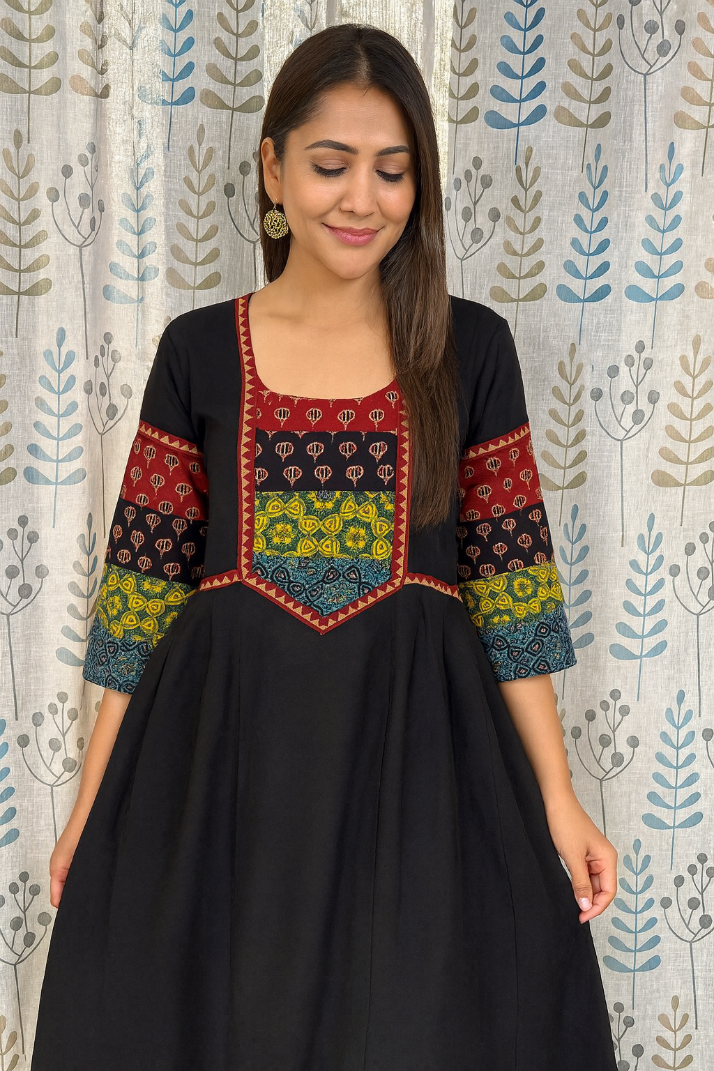 Beautiful Cotton Kurthi with Ajarak Print in Yoke & Sleeve