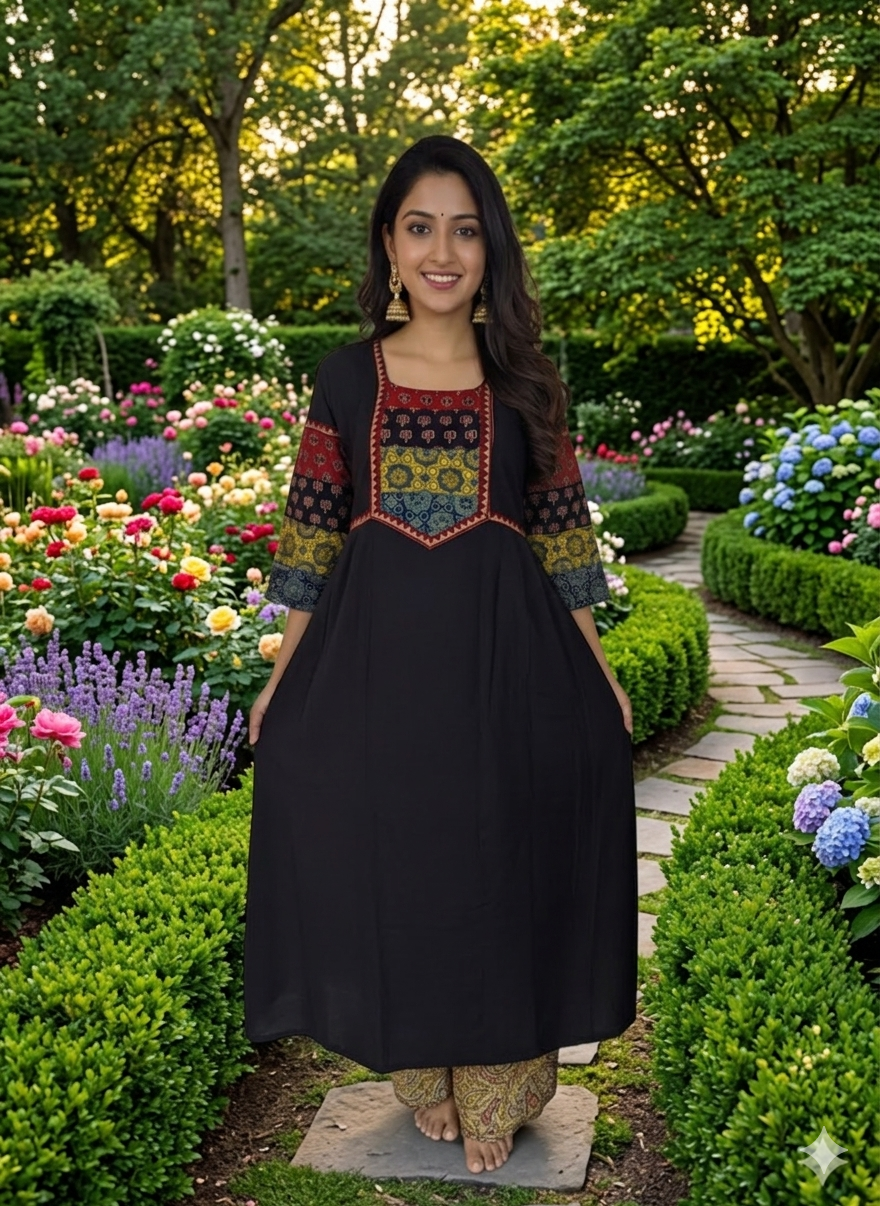 Beautiful Cotton Kurthi with Ajarak Print in Yoke & Sleeve