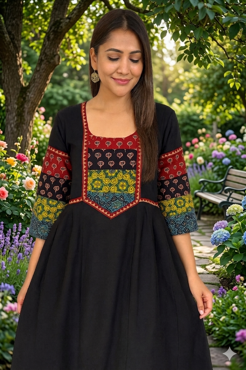 Beautiful Cotton Kurthi with Ajarak Print in Yoke & Sleeve