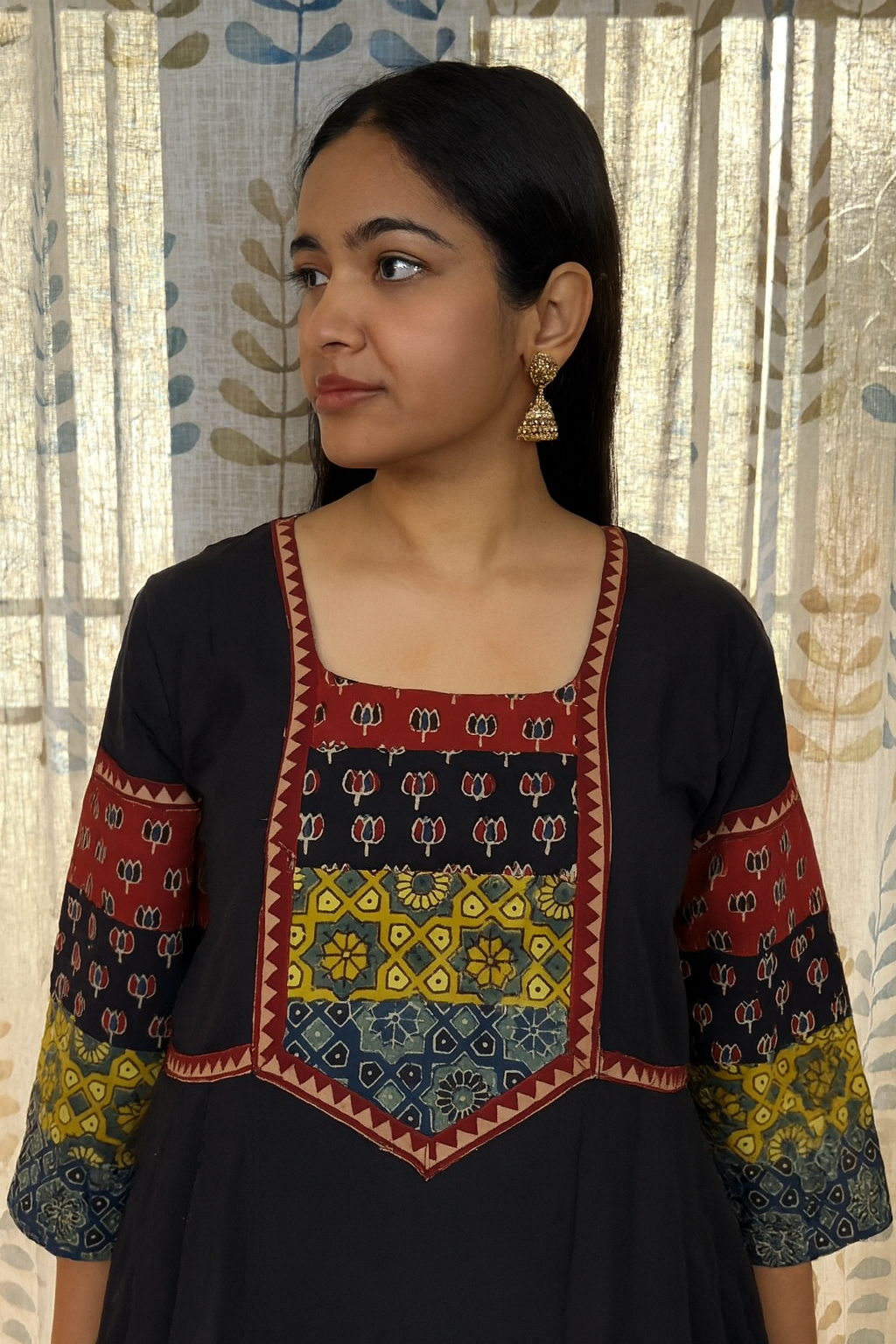 Beautiful Cotton Kurthi with Ajarak Print in Yoke & Sleeve