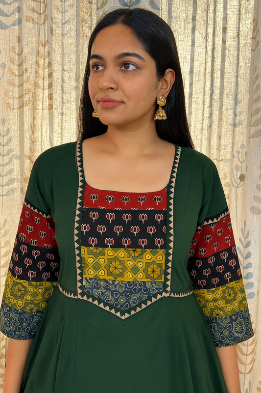 Beautiful Cotton Kurthi with Ajarak Prints in Yoke & Sleeve