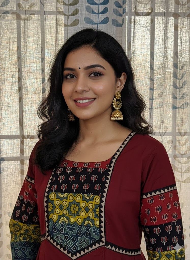 Beautiful Cotton Kurthi with Ajarak Prints in Yoke & Sleeves