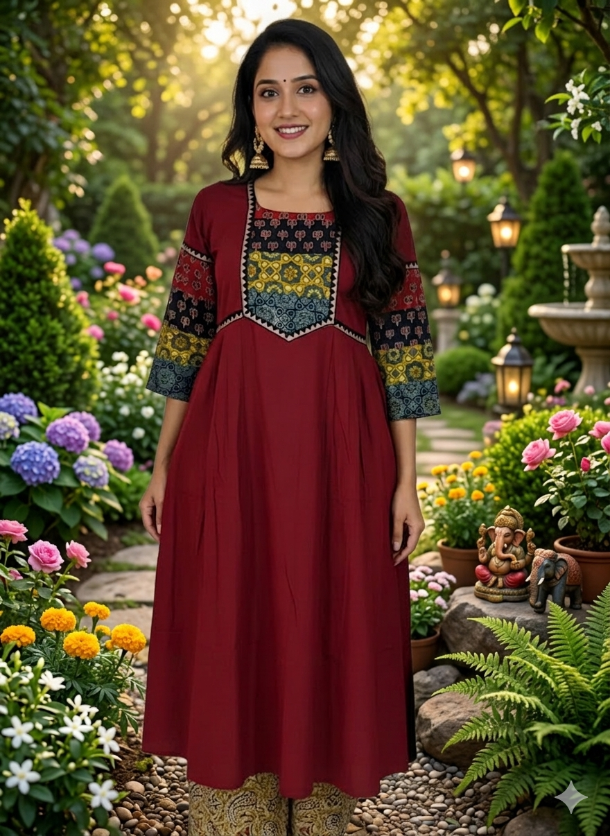 Beautiful Cotton Kurthi with Ajarak Prints in Yoke & Sleeves