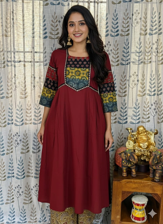 Beautiful Cotton Kurthi with Ajarak Prints in Yoke & Sleeves
