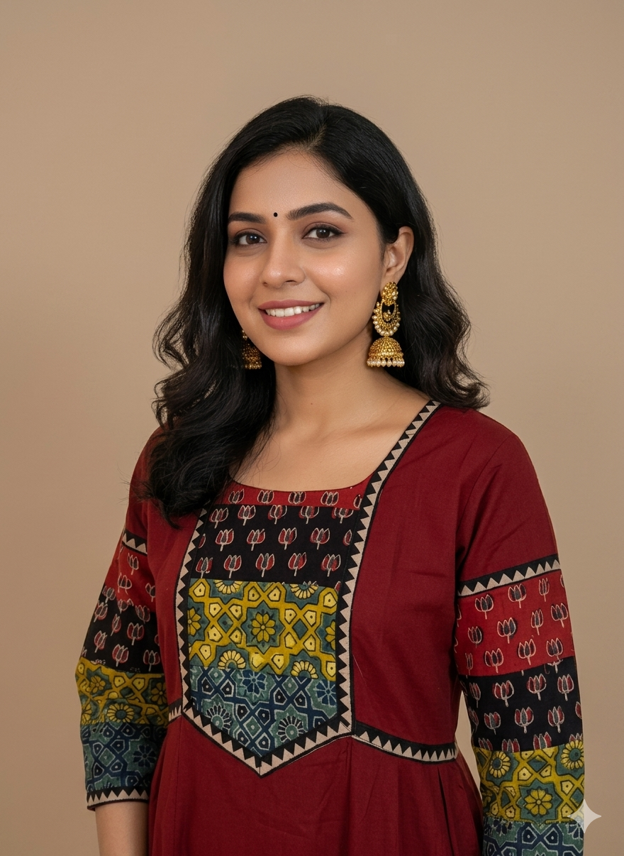 Beautiful Cotton Kurthi with Ajarak Prints in Yoke & Sleeves