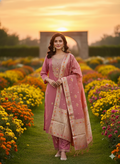 Elegant 3-Piece Set in Onion Color Background with Chumiki Work in Yoke and Printed Flower Design in Silk Dupatta