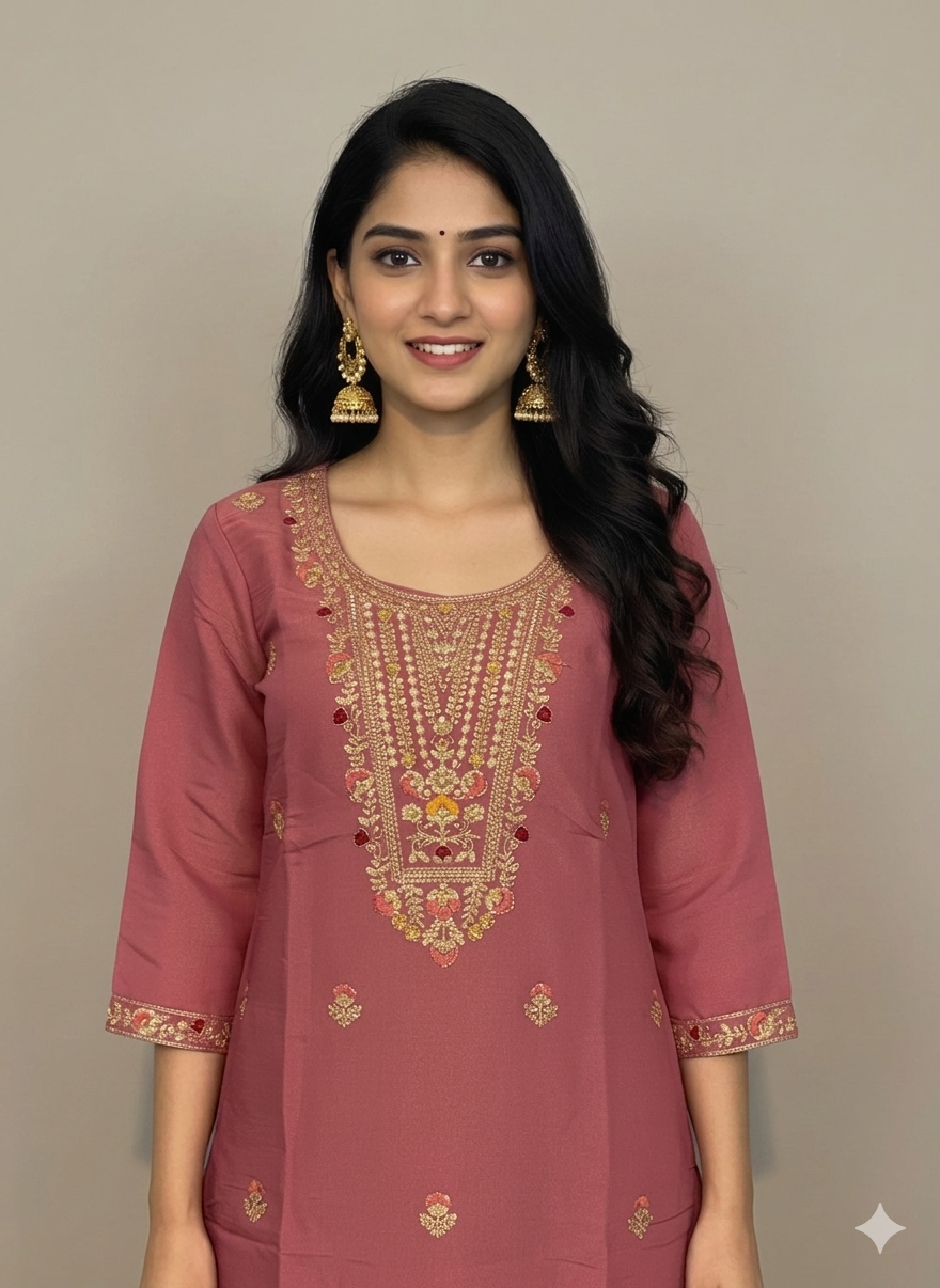Elegant 3-Piece Set in Onion Color Background with Chumiki Work in Yoke and Printed Flower Design in Silk Dupatta