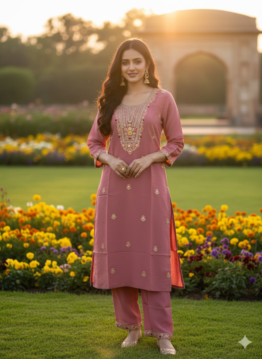 Elegant 3-Piece Set in Onion Color Background with Chumiki Work in Yoke and Printed Flower Design in Silk Dupatta