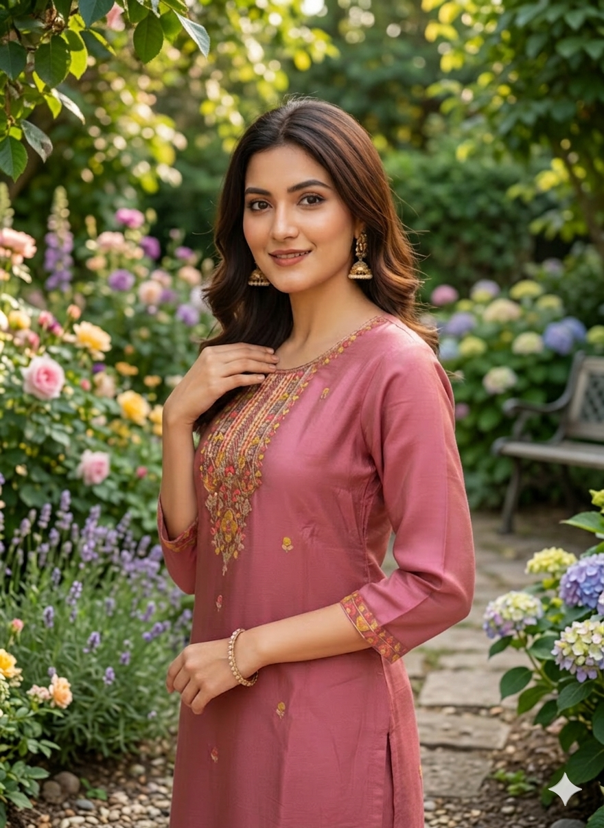Elegant 3-Piece Set in Onion Colour Background with Chumiki Work in Yoke and Printed Flower Design in Silk Dupatta