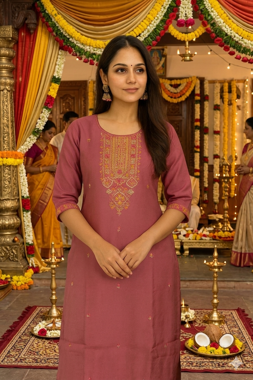 Elegant 3-Piece Set in Onion Colour Background with Chumiki Work in Yoke and Printed Flower Design in Silk Dupatta