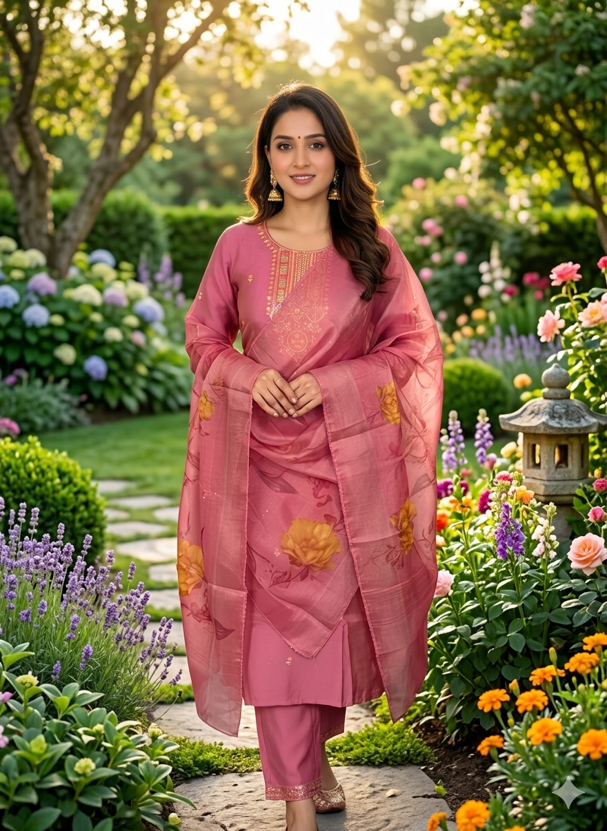 Elegant 3-Piece Set in Onion Colour Background with Chumiki Work in Yoke and Printed Flower Design in Silk Dupatta
