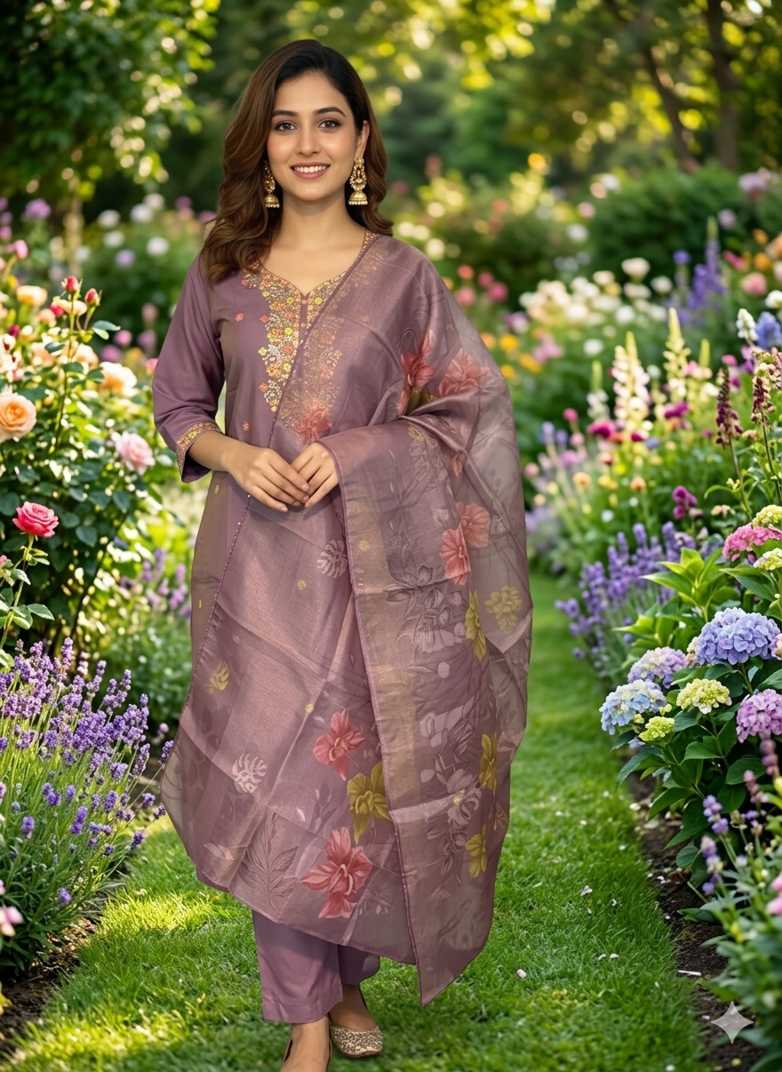 Elegant 3-Piece Set in Purple Color Background with Chumiki Work in Yoke and Printed Flower Design in Silk Dupatta