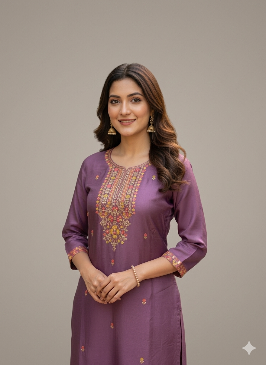 Elegant 3-Piece Set in Purple Color Background with Chumiki Work in Yoke and Printed Flower Design in Silk Dupatta