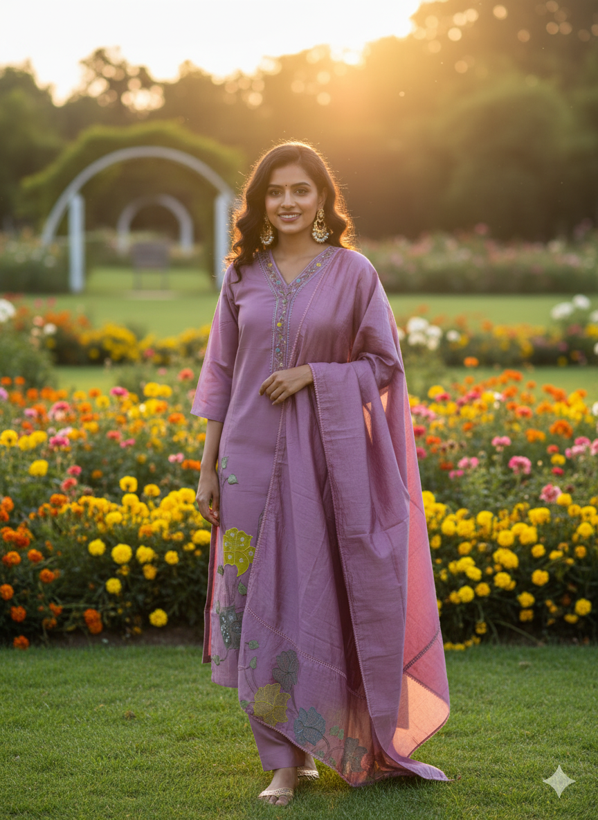 Elegant 3-Piece Set in Purple Background with Thread Work in Yoke & Pearl Work in Flower Design and Similar Design in Dupatta