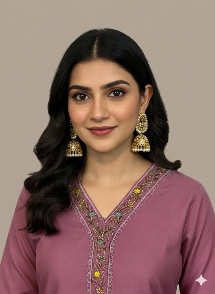 Elegant 3-Piece Set in Purple Background with Thread Work in Yoke & Pearl Work in Flower Design and Similar Design in Dupatta