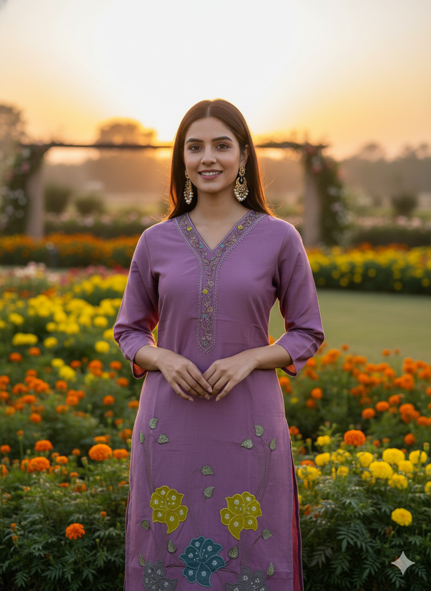 Elegant 3-Piece Set in Purple Background with Thread Work in Yoke & Pearl Work in Flower Design and Similar Design in Dupatta