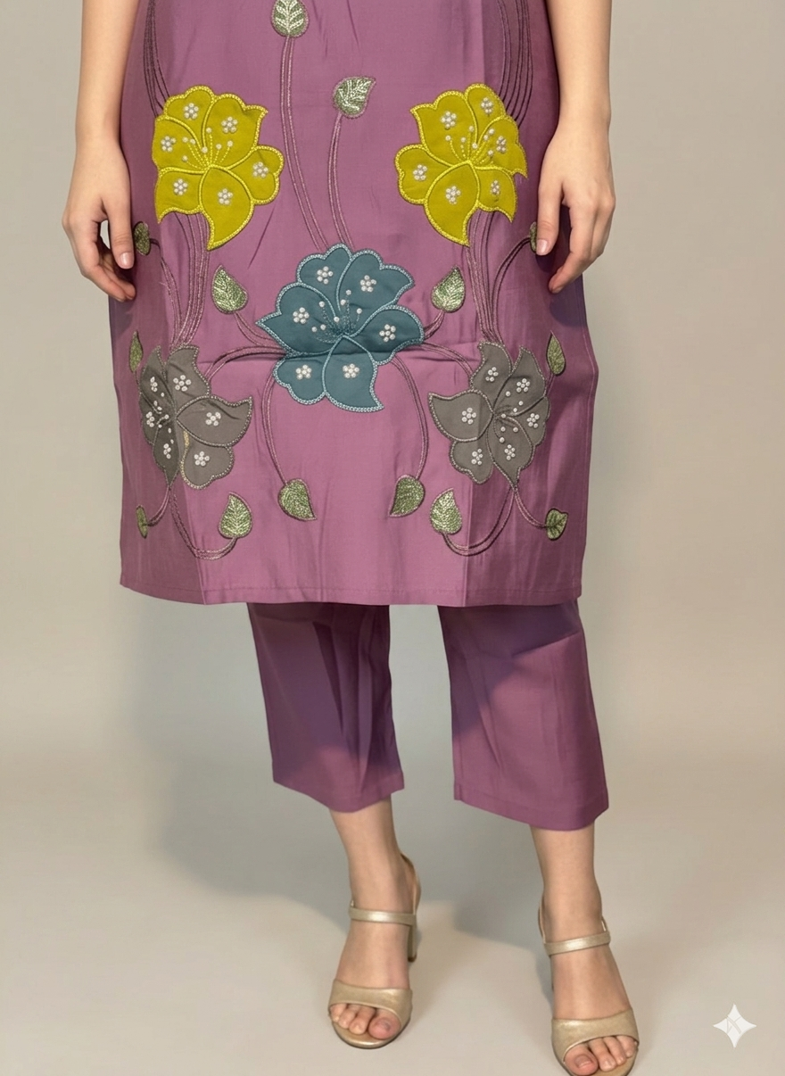 Elegant 3-Piece Set in Purple Background with Thread Work in Yoke & Pearl Work in Flower Design and Similar Design in Dupatta