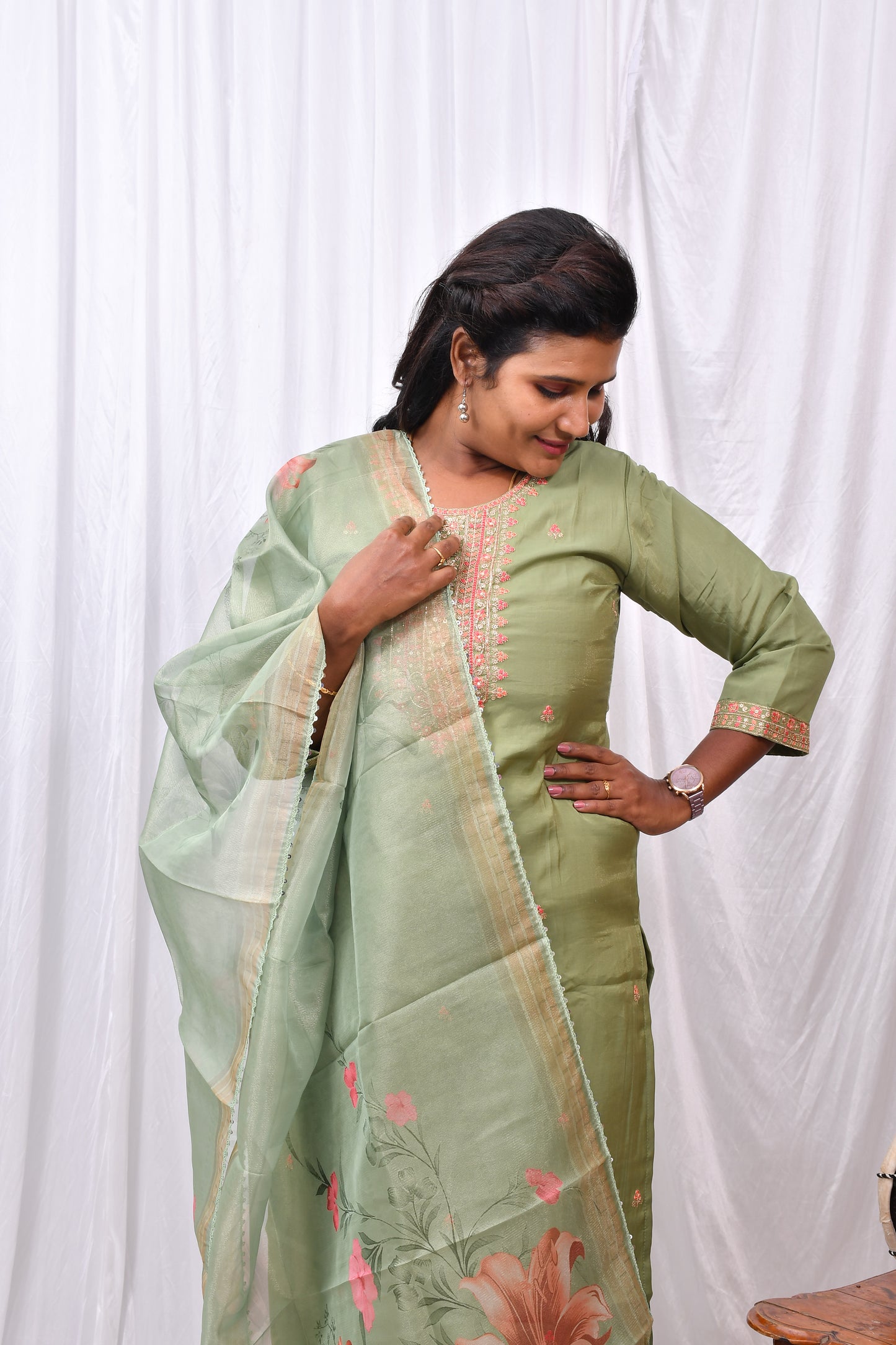 Elegant 3-Piece Set in Green Background with Thread Work in Yoke and Printed Flower Design in Silk Dupatta