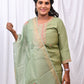 Elegant 3-Piece Set in Green Background with Thread Work in Yoke and Printed Flower Design in Silk Dupatta