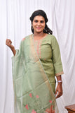 Elegant 3-Piece Set in Green Background with Thread Work in Yoke and Printed Flower Design in Silk Dupatta