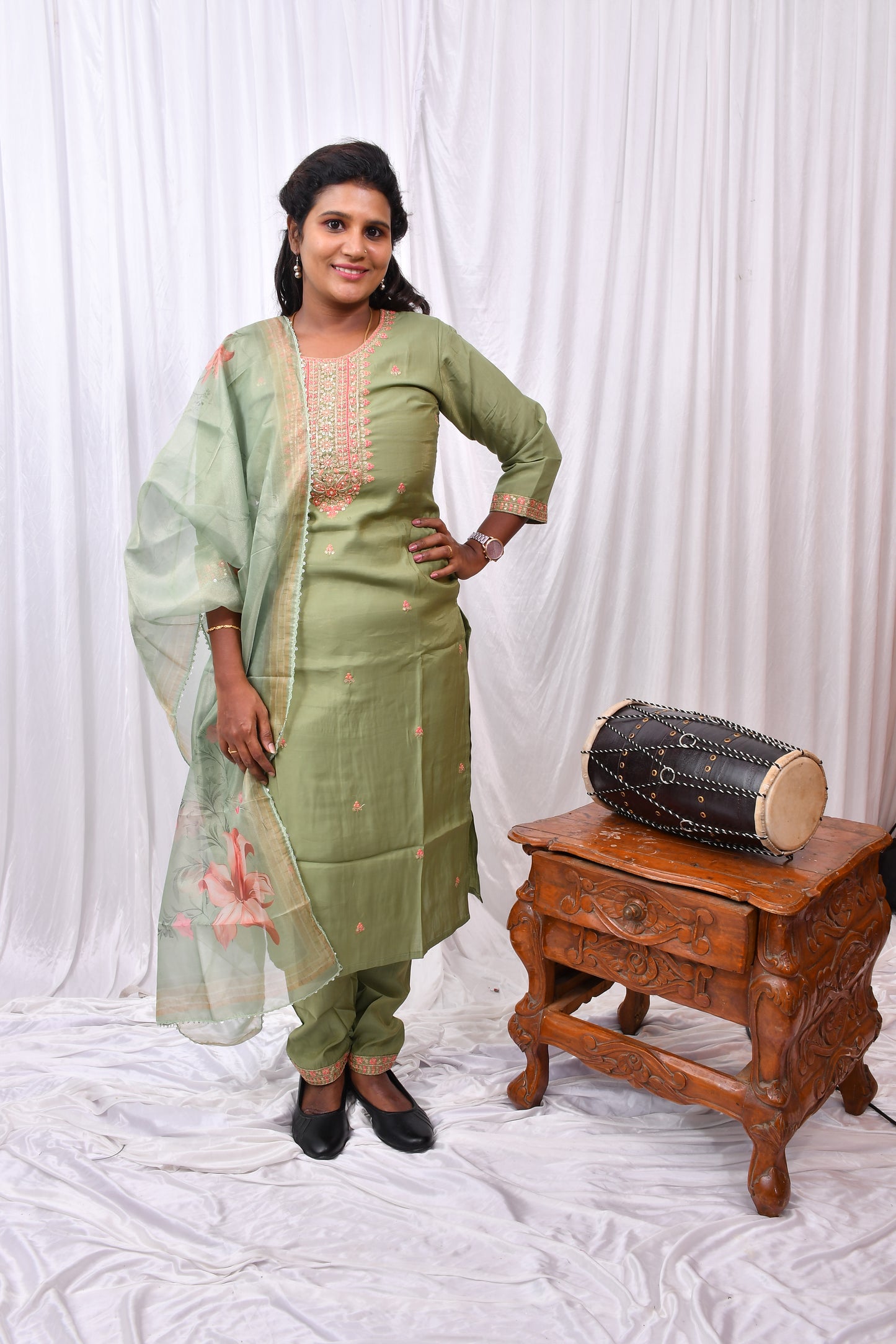 Elegant 3-Piece Set in Green Background with Thread Work in Yoke and Printed Flower Design in Silk Dupatta