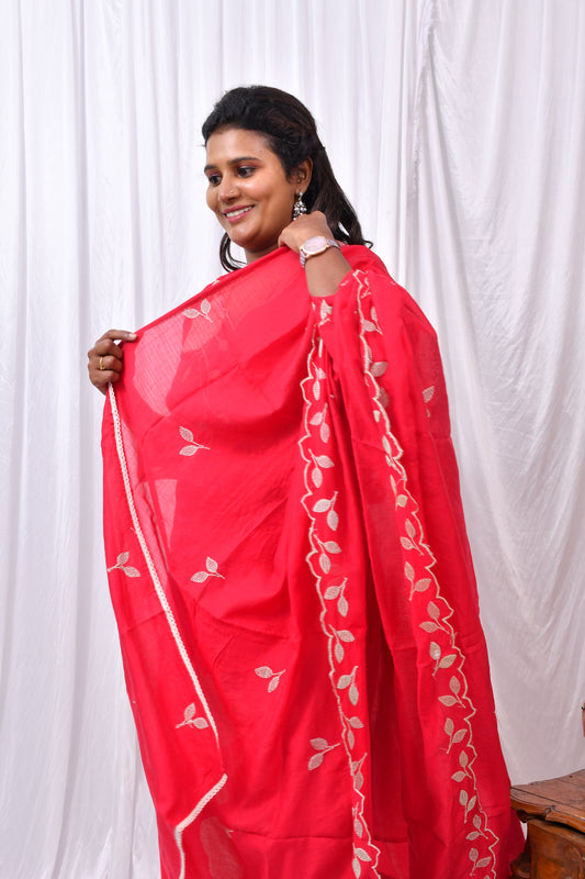 Beautiful 3-Piece Set in Red Background with Flower Design in Thread Work and Small Leaf Design in Dupatta