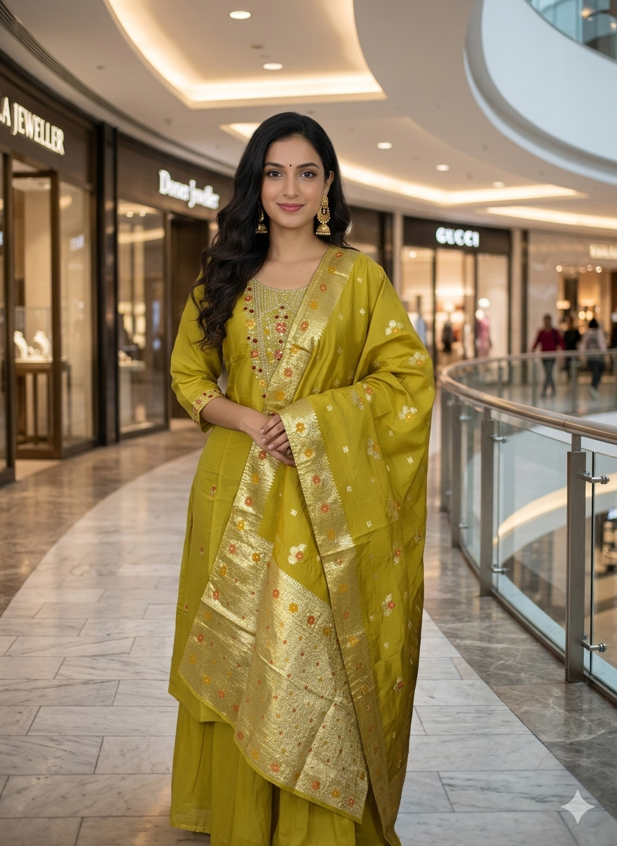 Party Wear 3-Piece Set in Pearl & Thread Work in Yoke & Sleeve made of Silk Cotton. It comes with Beautiful Printed Design in Dupatta.