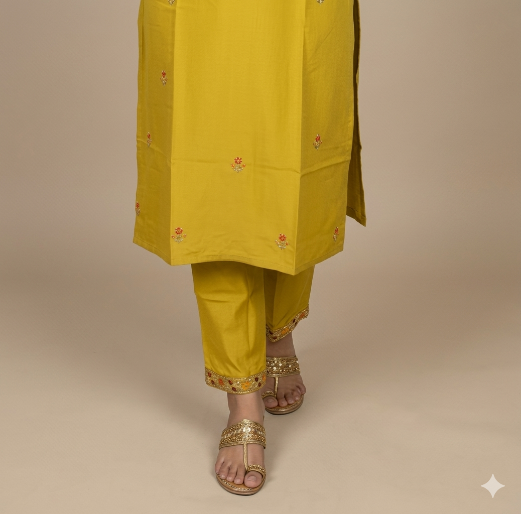 Party Wear 3-Piece Set in Pearl & Thread Work in Yoke & Sleeve made of Silk Cotton. It comes with Beautiful Printed Design in Dupatta.