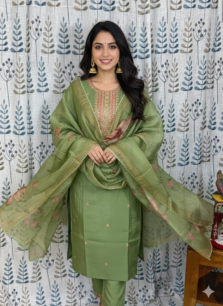 Elegant 3-Piece Set in Green Color Background with Chumiki Work in Yoke and Printed Flower Design in Silk Dupatta