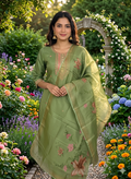 Elegant 3-Piece Set in Green Color Background with Chumiki Work in Yoke and Printed Flower Design in Silk Dupatta