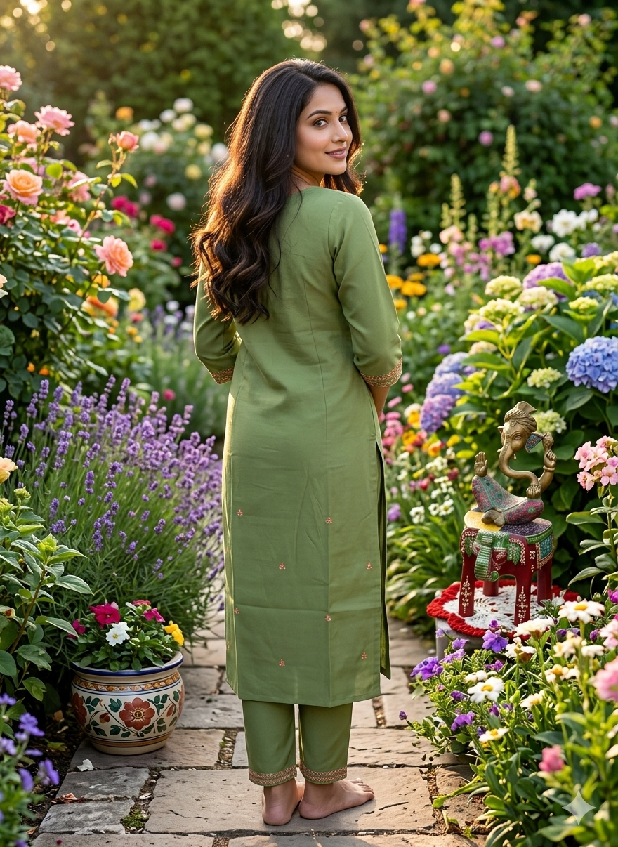 Elegant 3-Piece Set in Green Color Background with Chumiki Work in Yoke and Printed Flower Design in Silk Dupatta