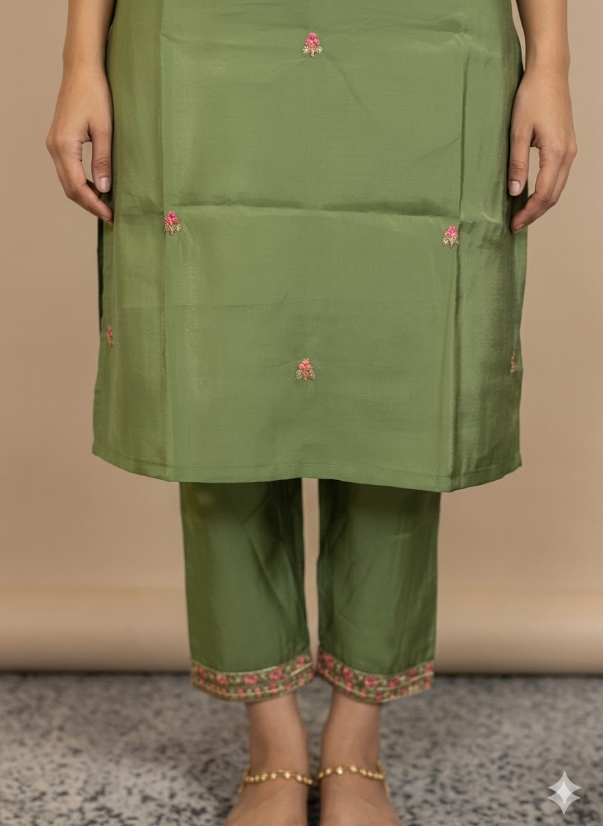 Elegant 3-Piece Set in Green Color Background with Chumiki Work in Yoke and Printed Flower Design in Silk Dupatta