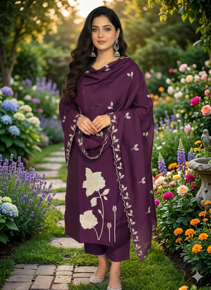Beautiful 3-Piece Set in Purple Background with Flower Design in Thread Work and Small Leaf Design in Dupatta