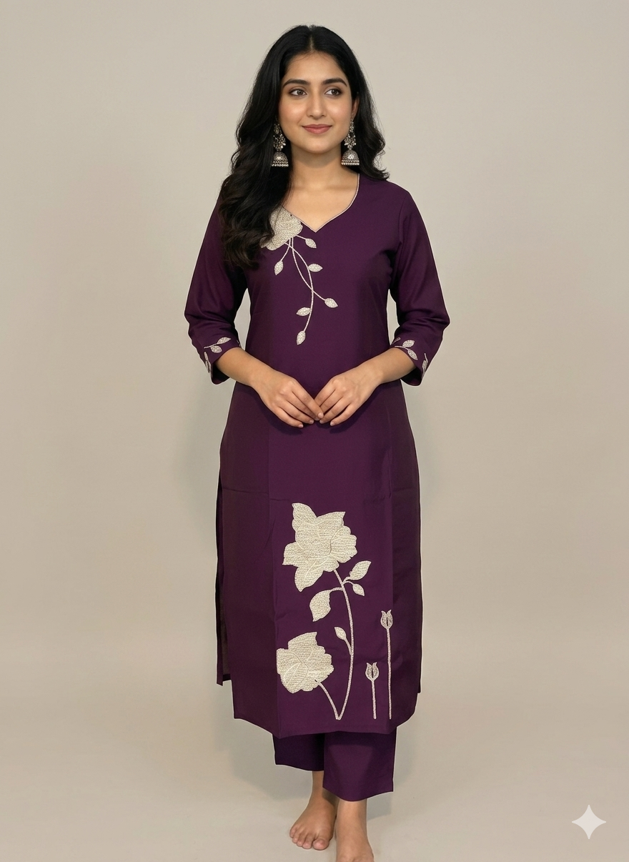 Beautiful 3-Piece Set in Purple Background with Flower Design in Thread Work and Small Leaf Design in Dupatta