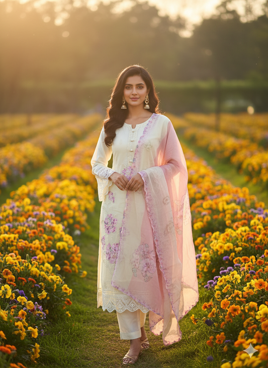 Function Wear 3-Piece Set in Ivory Color Background with Beautiful Thread & Lace Work in Top and Similar Flower Design in Dupatta made out of German Silk