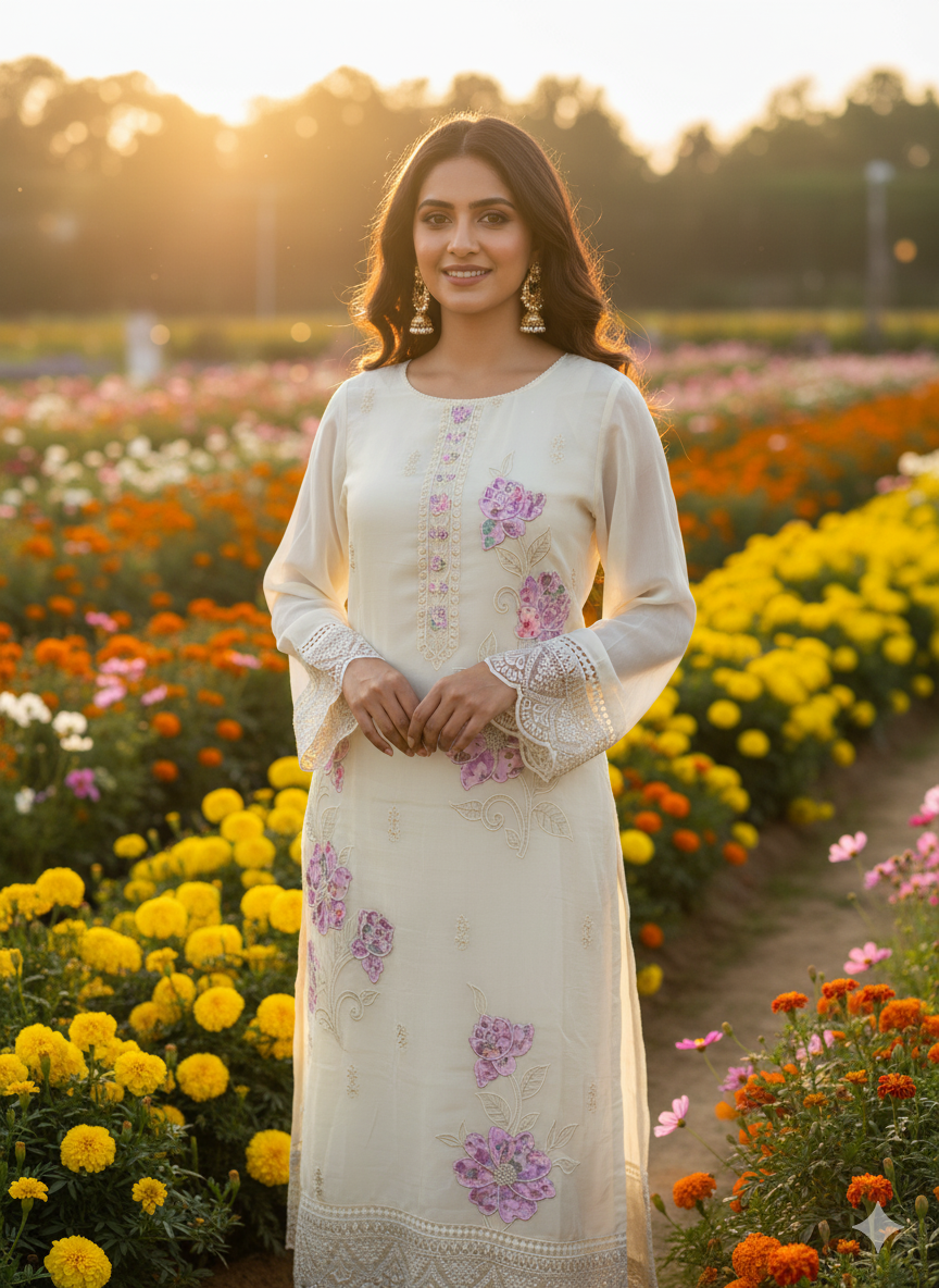 Function Wear 3-Piece Set in Ivory Color Background with Beautiful Thread & Lace Work in Top and Similar Flower Design in Dupatta made out of German Silk