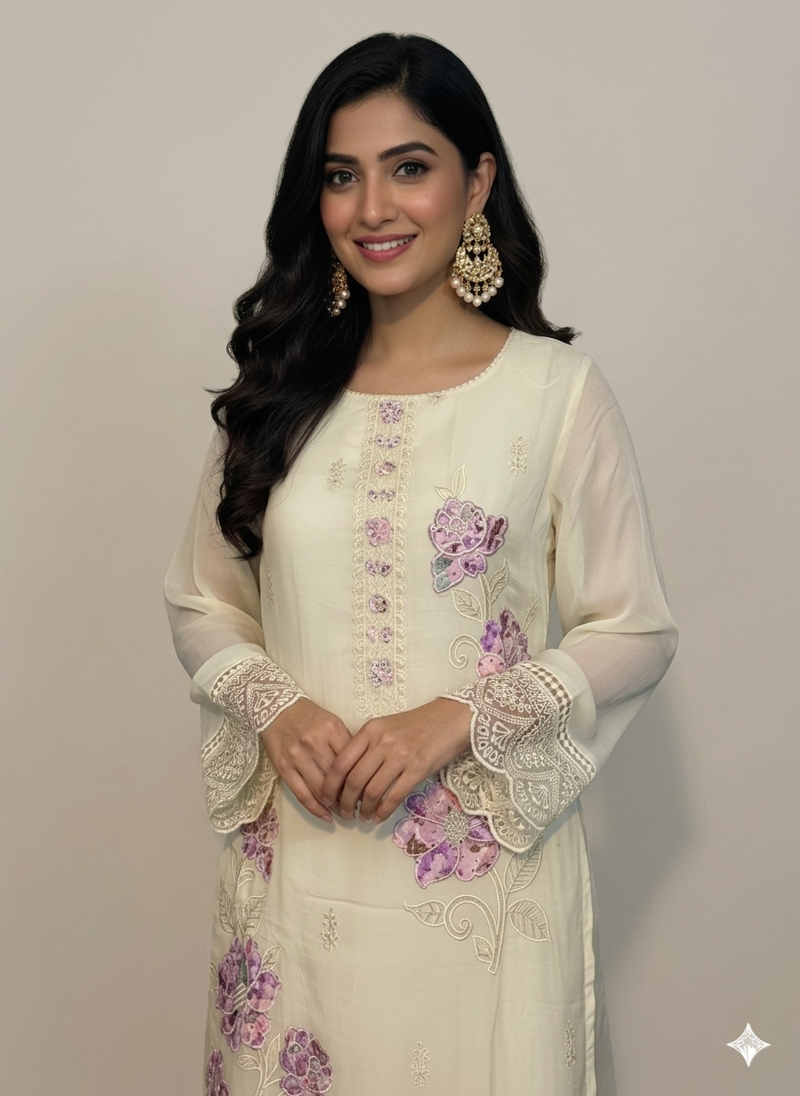 Function Wear 3-Piece Set in Ivory Color Background with Beautiful Thread & Lace Work in Top and Similar Flower Design in Dupatta made out of German Silk