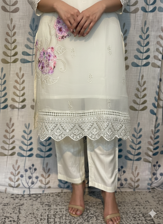 Function Wear 3-Piece Set in Ivory Color Background with Beautiful Thread & Lace Work in Top and Similar Flower Design in Dupatta made out of German Silk