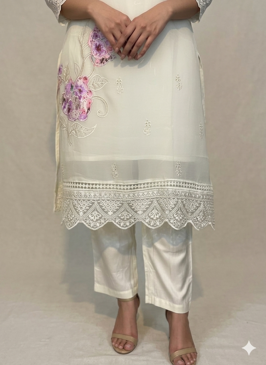 Function Wear 3-Piece Set in Ivory Color Background with Beautiful Thread & Lace Work in Top and Similar Flower Design in Dupatta made out of German Silk