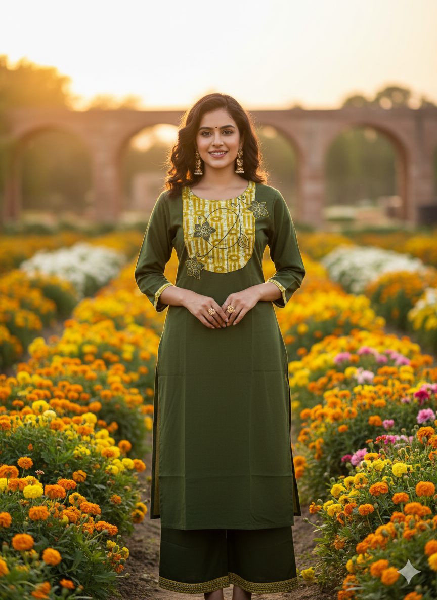 Premium Cotton 3-Piece Set for Women with Flower Design & Thread Work and Printed designs in Silk Cotton Dupatta
